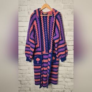 Handmade Crochet Hooded Cardigan Mushroom Pockets Boho Longline
